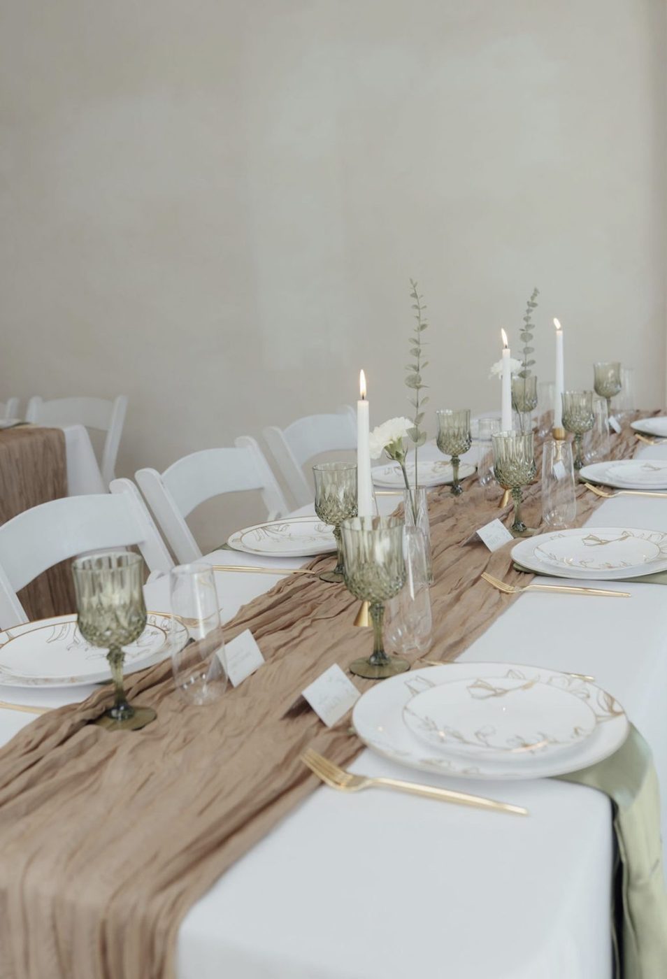 Neutral linen tablescape set for an intimate dinner